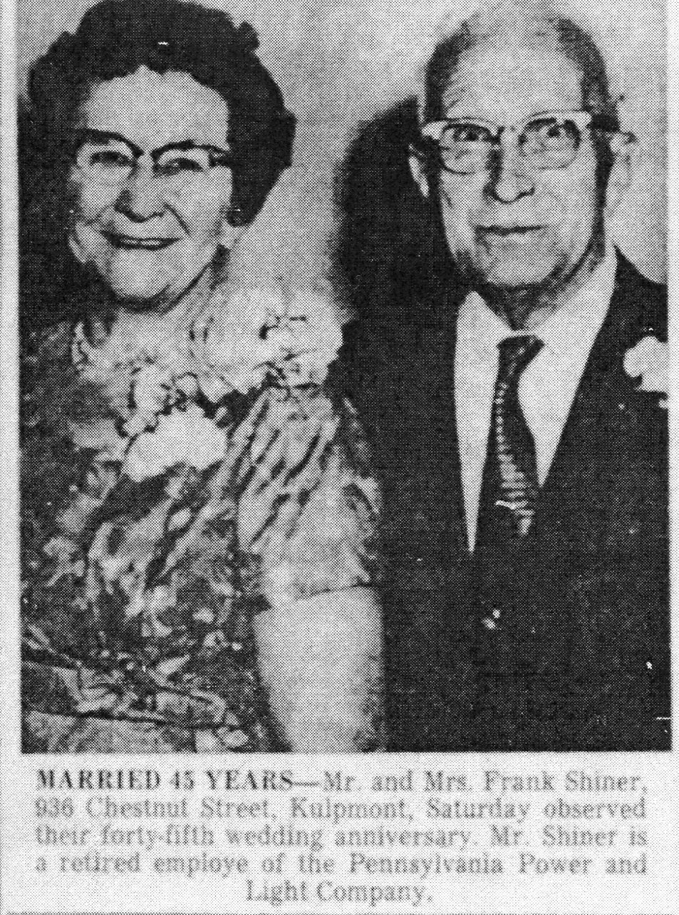 Frank D. & Ruth Thomas Shiner 45th Wedding Anniversary