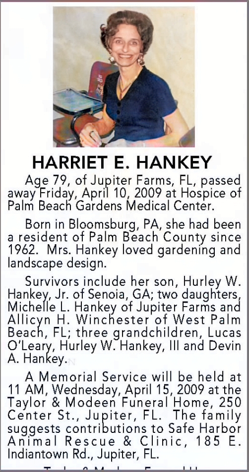 Harriet E Hankey Obit