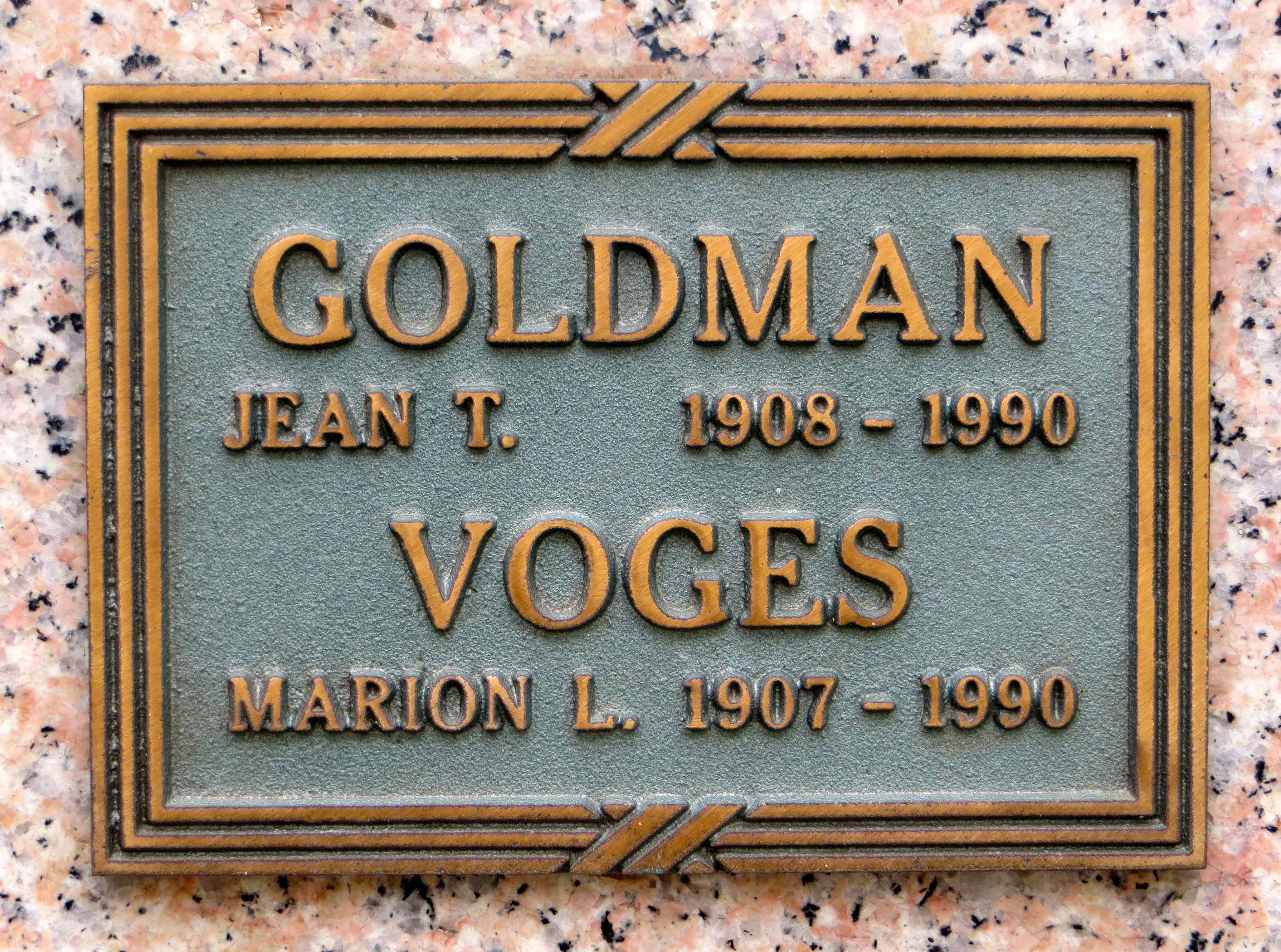 Headstone: Jean T Goldman & Marion L Voges