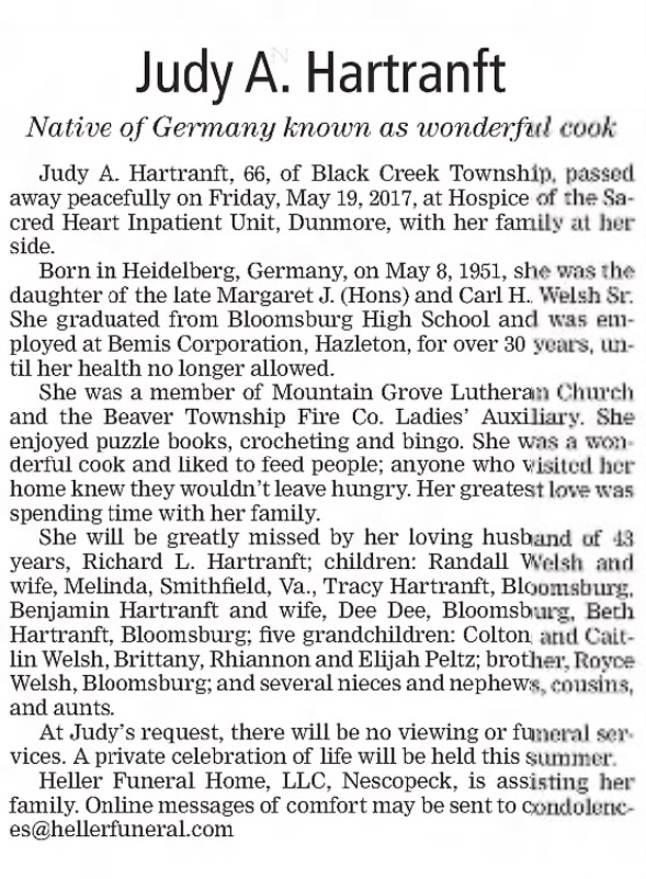 Judy Hartrandt Obit.