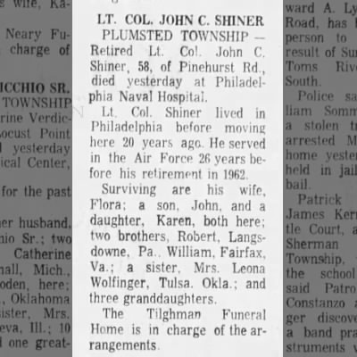 Ret. Lt. Col. John C. Shiner Obituary